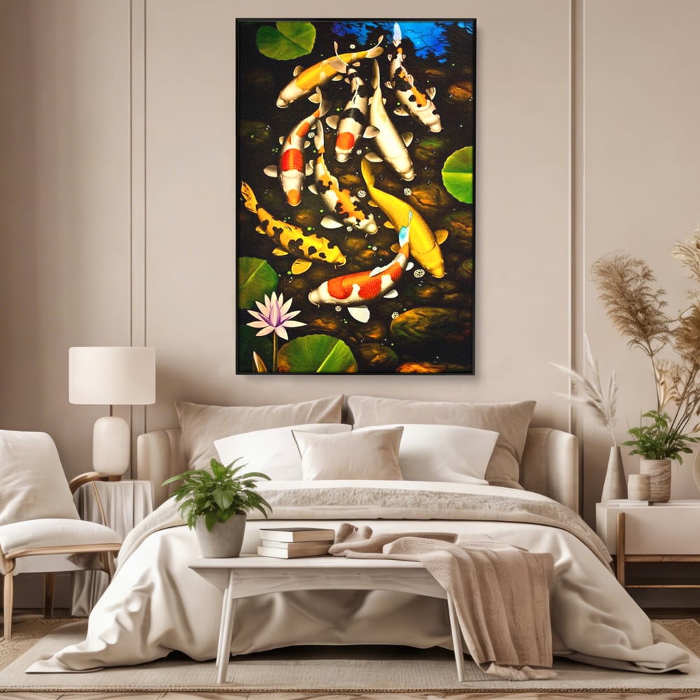 Tablou canvas cu tablou canvas cu pesti koi in iaz, in rama de aluminiu negru, pe perete intr-un dormitor